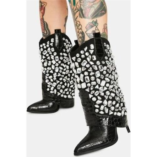 PXELENA Luxury Crystal Studded Party Nightclub Show Catwalk Mid Calf Boots Women Stiletto High Heels Leather Shoes Plus Size 41