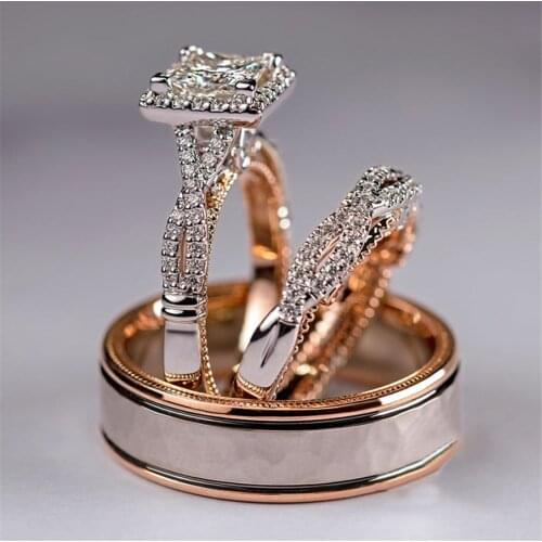 Luxury Princess Cut Cubic Rose Gold Zircon Bridal Marriage Rings 3Pc/Set Elegant Accessories Brilliant Women Wedding Jewelry