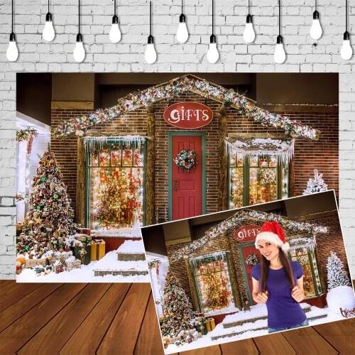 Santas Grotto Gift Shop Backdrop Christmas Glittering Trees Background Xmas Noel Party Banner Winter New Year Portrait Posters