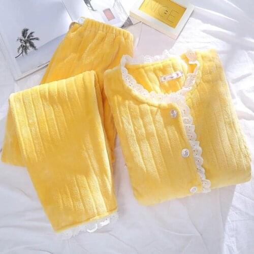 Sexy Lace Female Pajama Thick Flannel Flower Print Warm Winter Pajama Set Full Sleeve Shirt Trousers 2Piece/Set Mom Homewear