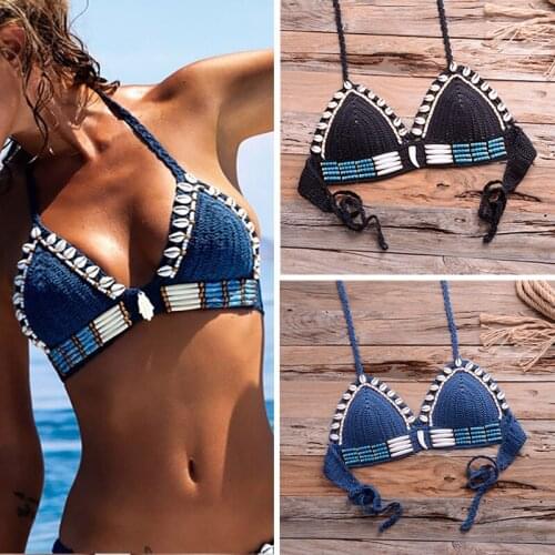 Sexy Handmade Crochet Bikini Push Up Swimsuit Triangle Bathing Suit Women Halter Seashell Bikini Set Padded Swimwear