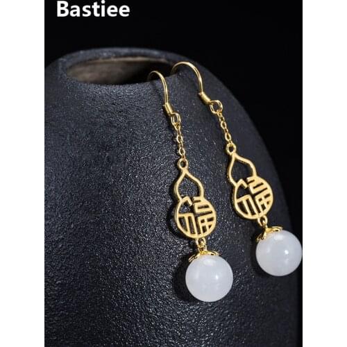 Bastiee Drop Plated Gold Earrings 925 Sterling Silver Jewelry For Women Accessories Gourd Jade Dangle Earings Vintage Chinese