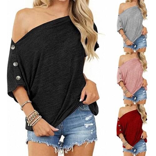 2021 Summer Off Shoulder T-Shirt Women Fashion Casual Solid Color Button Short Sleeve Female Fashion Loose Pullover Tops