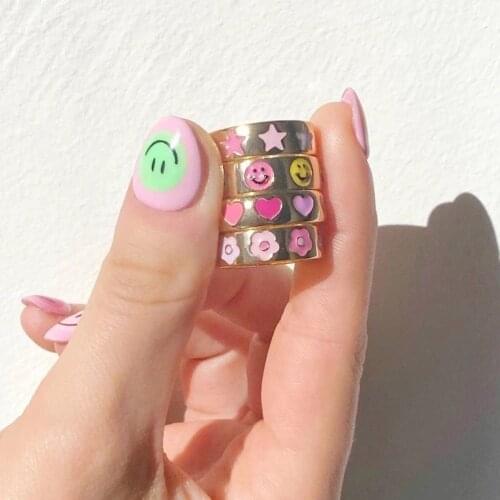 Punk Simple Heart Star Smile Rings For Women Creative Design Gold Color Geometric Round Finger Rings 2021 Sweet Jewelry Gift