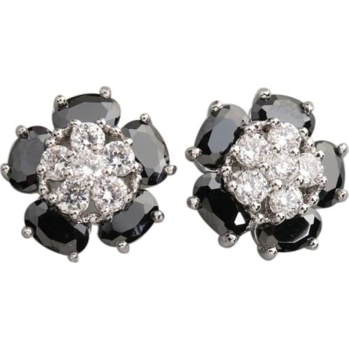 Flower Black Stone 3*5mm Semi-precious Silver Cool For Womens Stud Earrings ED0099