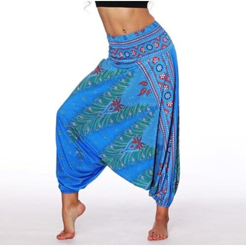 High Waist Women Yoga Pants Blue Fitness Trouser Sport Bottom Wide-legged India Style Vintage Bloomers Loose Plage Holiday Pants