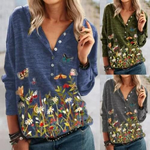 Women Butterfly Floral Print Blouse V Neck Long Sleeve Buttons Sweatshirt Hoodie футболка