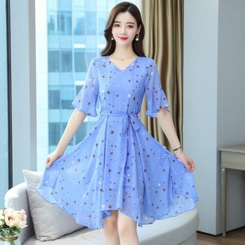 Korea Chic Elegant Temperament Star print V-Neck Waist Slimming Puff Sleeve Dress Long Skirt Female