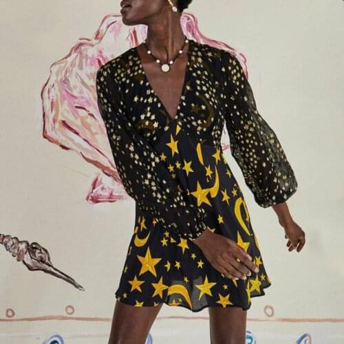 Patchwork Print Dress For Women V Neck Lantern Sleeve High Waist Geometric Hit Color Dresses Female Fashion Stylish New Z018