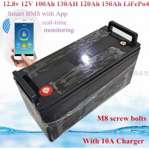 12.8v 12V 100Ah 120ah LiFePO4 LFP Battery smart BMS 100A -150A App bluetooth for Boat motor Solar Energy ups + 10A charger