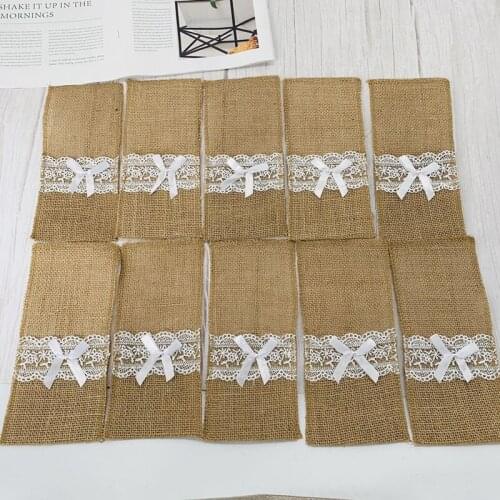 20pcs Lace Burlap Cutlery Pouch Jute Utensil Knife Fork Holder Bags Rustic Wedding Decoration Party Birthday Tableware Bag