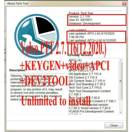 2020.12 Premium Tech Tool PTT V2.7.116 V2.7.25 VCADS Development+Dev2tool+APCI+Keygen+INSTALL Video+APCI+ for Volvo Diagnostic