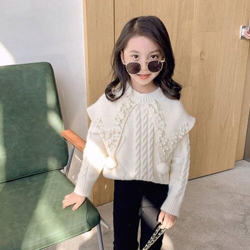 2021 Girl Sweater Children Outwear Autumn Fashion Pullover Big Collar Childrens Pearl Neck Baby Sweater 4-12 Years