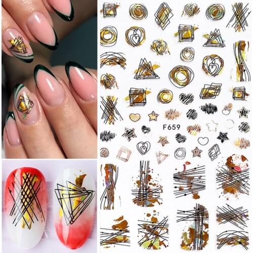 3D Nail Stickers Laser Effcet Geometric Lines Heart Star Adhesive Transfer Slider Paper Nail Decals Maple Leaf Design Stickers