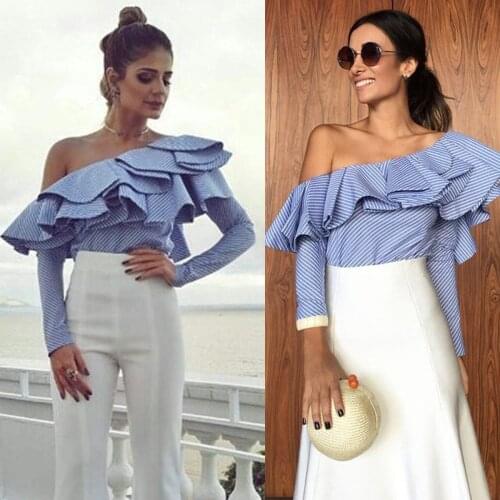 Fashion Womens blue white striped One Shoulder Blouse Ruffles Long Sleeve Casual womens shirt blouses top plus size S to 2XL