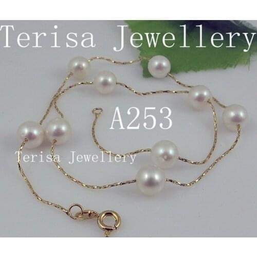 7-8mm Natural Fresh Water Pearls Made S925 Silvers Chain in Gold Color Necklace.Charming Women Gift Wedding Jewelry