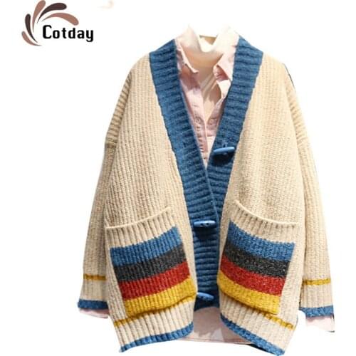 Cotday Lazy Sweater Women 2021 New Loose Knitted Spring Female Top Outerwear Striped Colorful Halter Smooth Cardigan Sweater