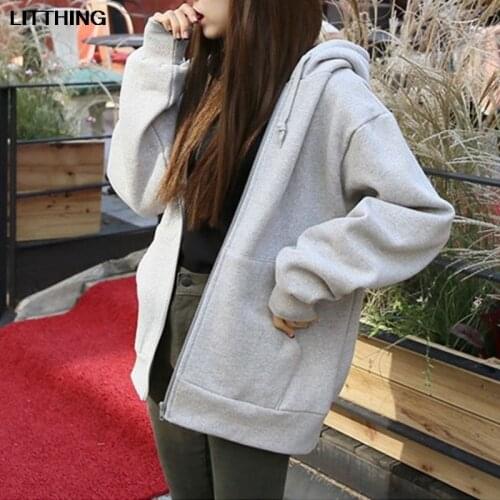 2021 Korean Loose Hoodies Womens Sweatshirts Pure Color Hoodie Pocket Jacket Harajuku Clothing Femme Autumn Hooded Zipper Top