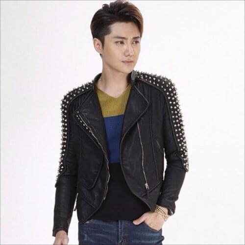 M-6xl Europe Mens New Black Rivet Motorcycle Pu Leather Jacket Punk Dj Fashion Youth Tide Clothes Coat Singer Stage Costumes