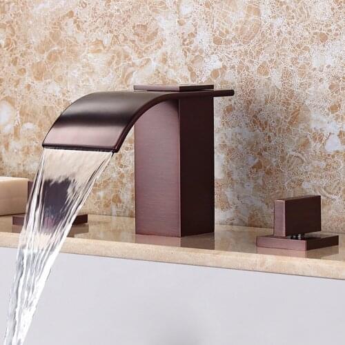 Oil rubbed bronze ORB Waterfall Modern 3 Holes Widespread Bathroom Sink Faucet Mixer Tap Set Solid Brass deck mounted
