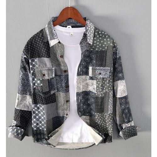 L1255 Fashion Personality Irregular Patchwork Pattern Shirt Coats Japan Style Vintage Casual Loose Street Trip Cargo Thin Jacket