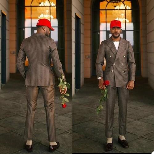 YIWUMENSA Handsome Pinstripe Men Suits For Wedding Blazer Groom Wear Custom Made Slim Fit Double Breasted Jacket With Pants 2021