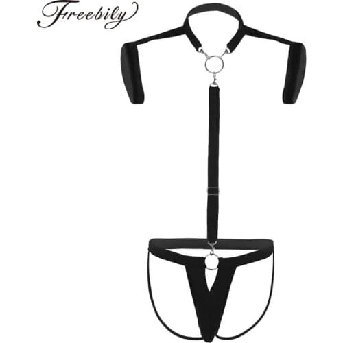 Sexy Gay Men Lingerie Halter Neck Shoulder Band Stretch Strap Underwear Men Jockstrap Mens Thong G string with Bulge Pouch
