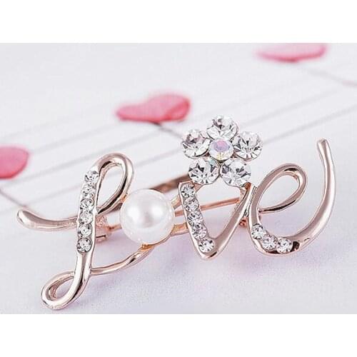 New LOVE English Letters Design Brooches Pins Elegant Crystal Flower Brooch Clothes Accessories For Wedding Jewelry Gifts