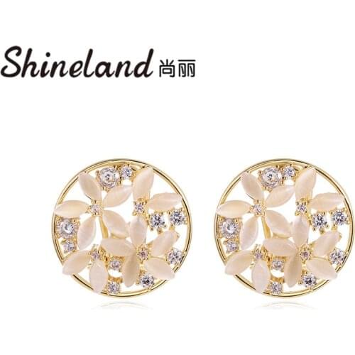 Shineland 2021 Trendy Jewelry Round Stud Earrings For Women Girl Party Zircon Opal Brincos Best Gift New Fashion Bijoux Hot Sale