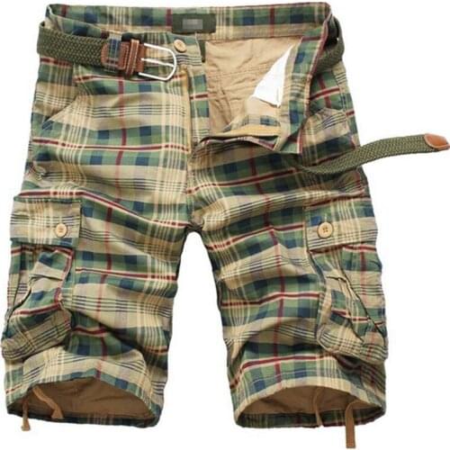 Summer Mens Plaid Shorts Big Size Oversize Straight Cargo Checked Pants Male Casual Branded Clothing Hiking Cotton Shorts 2021