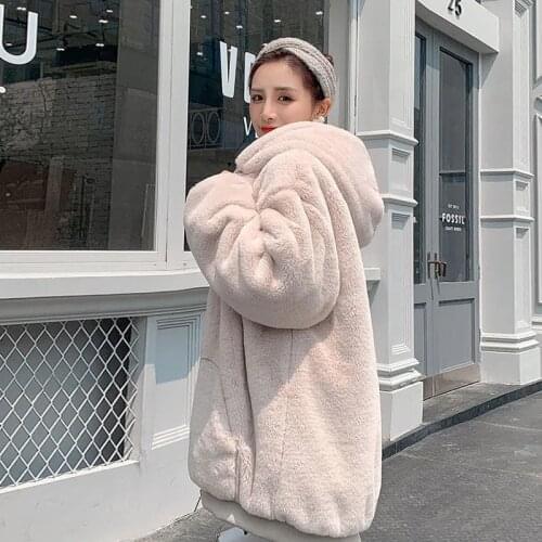 2021 Autumn Winter Faux Rabbit Fur Coat Women Faux Fur Jacket Coat Long Hooded Fur Coats Zipper Warm Loose Plush Coat Rabbit Fur