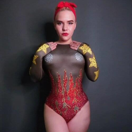 2019 Sexy Fire Pattern Stones Leotard Costume Singer Sexy Rhinestones Bodysuit Nightclub Outfit Party Wear Stretch Outfit