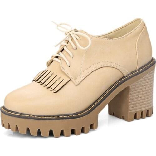 Big SizeFringed chunky heel lace up single shoes ladies high heels women shoes woman pumps