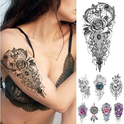 Waterproof Temporary Tattoo Sticker Lace Gem Rose Flash Tattoos Diamond Line Flowers Body Art Arm Fake Sleeve Tatoo Women Men
