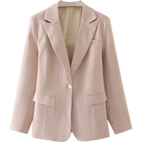 Women Fashion elegant Embroidery Single Button Blazer With Pockets Long Sleeve Notched Neck Vintage Female Coat Casual Chic Tops