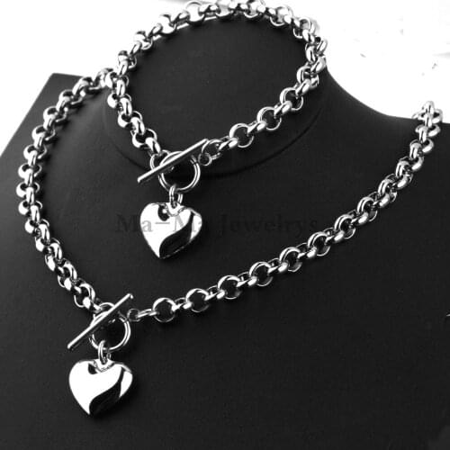 Trendry Womens Necklace Bracelet Set Sweet Heart Pendant Oval Chain Stainless Steel Jewelry Set