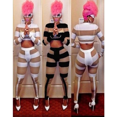 Sexy Body Suit Sheer 2 Piece Bodycon Bandage Crop Top Leggings Playsuit Celebrity Overall Skinny Full Female Body Lady Jumpsuits