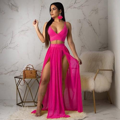 Solid Color Maxi Skirt Suit Women Summer Print Cropped Top Sexy Side Split High Waist Skirt 2 Piece Sets Woman Beach Outfits