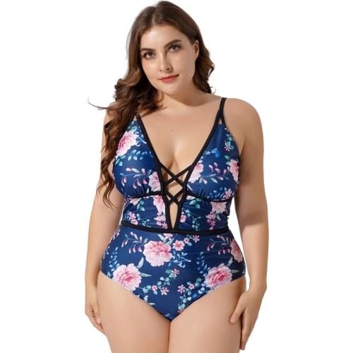 Plus Size Bodysuit Women Beachwear Swimming Deep V Neck Straps Hollow Out Removable Bust Pads Floral Print Swimwear Bathing Suit