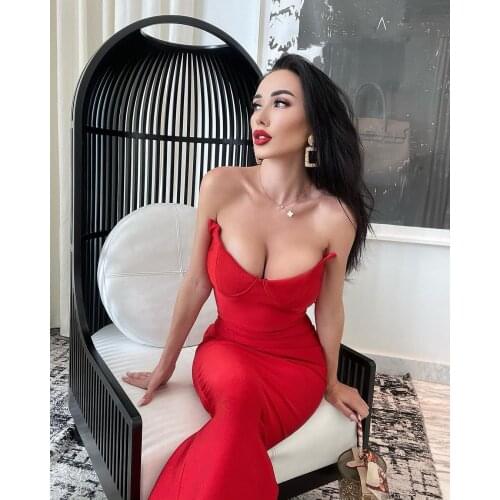 Women Winter Sexy Sleeveless Strapless Red Black Maxi Up Elegant Bandage Evening Night Party Club Dress