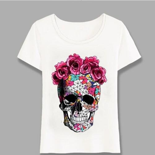 New Summer Women Short Sleeve Flowers Skull Art Printing T-Shirt Elegant Design Casual Female Tops Cute Girl Tee Harajuku