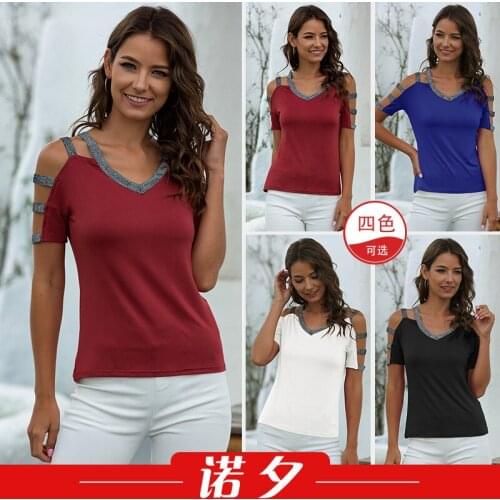 T Shirts Women 2021 Summer Hot-Selling V-neck Panel Two-Color Hollow-out Leisure Short Sleeves T-shirt Tshirt Tops Women LX1627