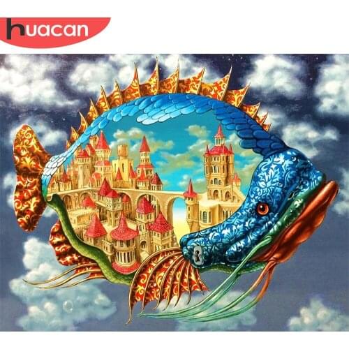 HUACAN Painting By Number Fish Animal Kits For Adults Handpainted DIY Coloring By Number Building On Canvas Home Decoration Gift