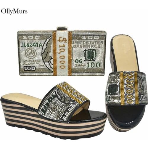 Italian Design Rhinestone Sandals Woman Shoes And Bag Set Latest Fashion High Heels Shoe And Bag To Match Set For Party