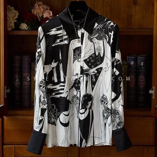 Exquisite printing series! Heavy black and white contrast character print silk shirt top