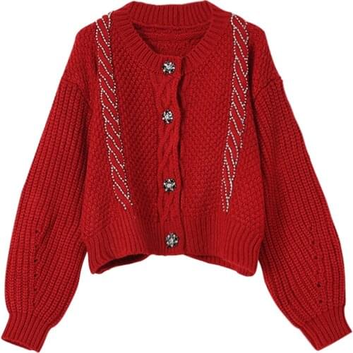 Jastie Heavy Knitting Diamond Womens Sweater Round Collar Long Sleeve Hand Stitched Loose Cardigans Pure Color Female Coat 2021