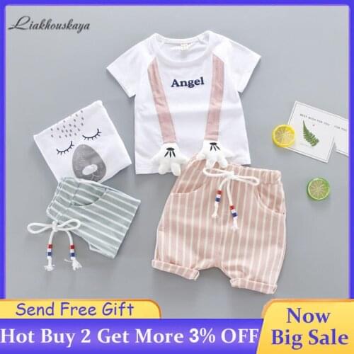 Baby Clothes Set Summer Cute Cartoon Bear Printing Cotton T Shirt + Stripe Lace Elastic Waist Pants Boys Girls Casual 2pcs Suit