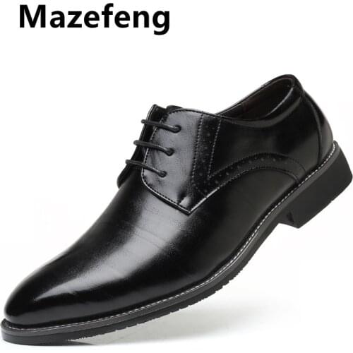 Mazefeng High Quality Men Pointed Toe Shoes Lace-Up Bullock Business Dress Men Oxfords Shoes Male Formal Shoes Big Size Shallow