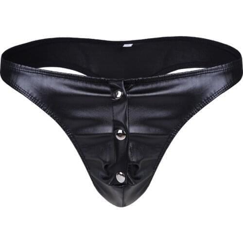 Mens Lingerie Faux Leather Underwear G-String Thong Briefs Panties Hot Sexy Sex Bikini Underwear Underpants with Press Buttons