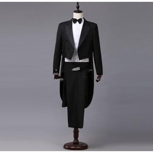 Men White Black Red Jacquard Lapel Tail Coat Stage Singer Costume Homme Wedding Groom Prom Tuxedo Suits Men Suit (Jacket+Pants)